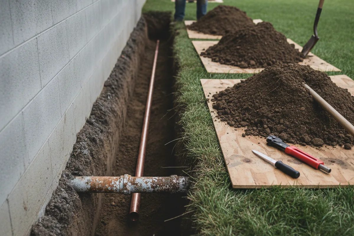 Excavated water line trench during Water Heater Repair in Dillonvale